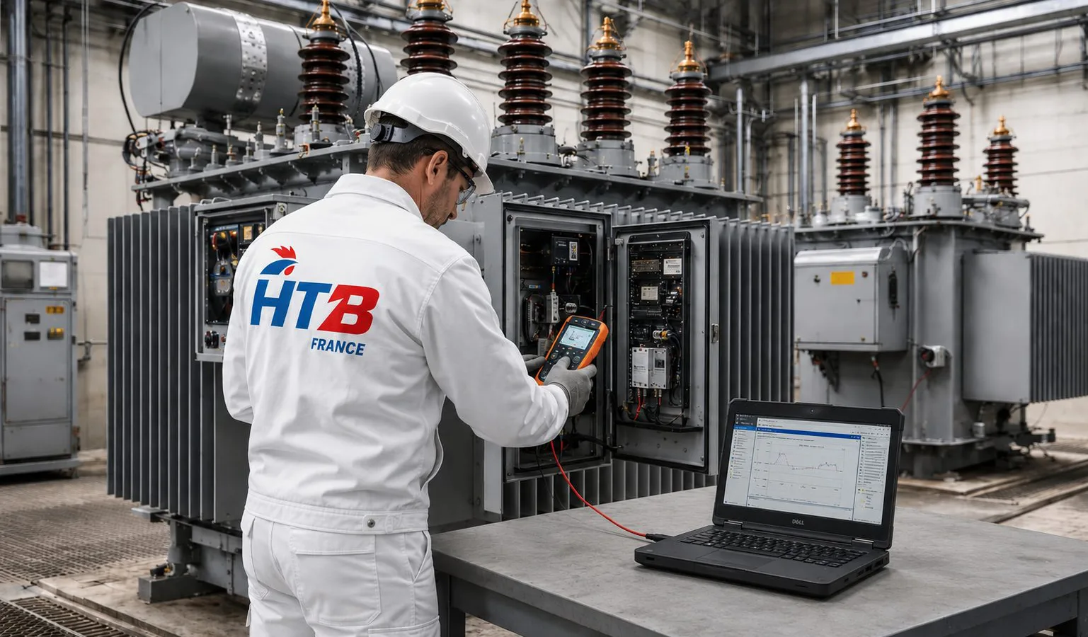 Technicien HTB France réalisant des essais de contrôle-commande sur un transformateur