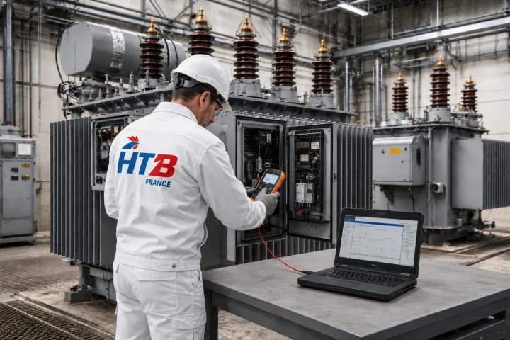 Technicien HTB France réalisant des essais de contrôle-commande sur un transformateur