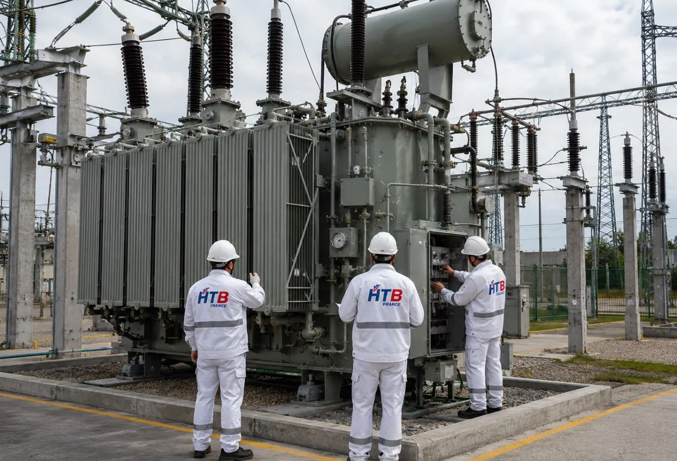 Équipe HTB France devant un transformateur de puissance dans un poste HTB