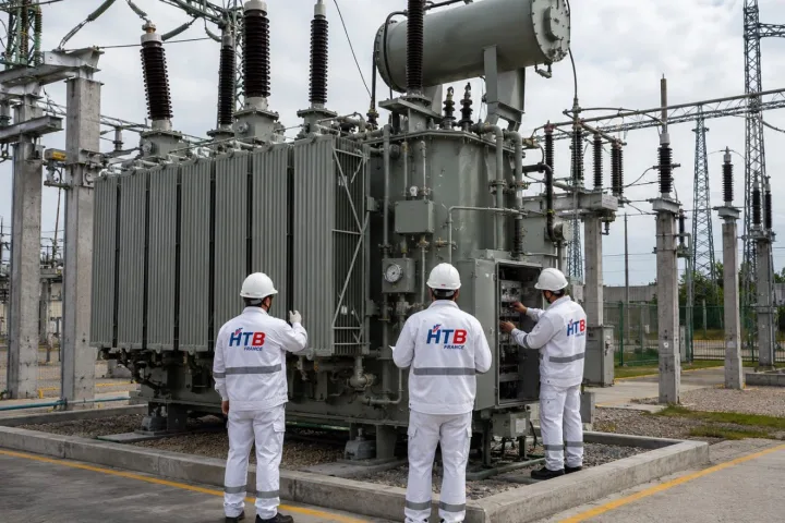 Équipe HTB France devant un transformateur de puissance dans un poste HTB