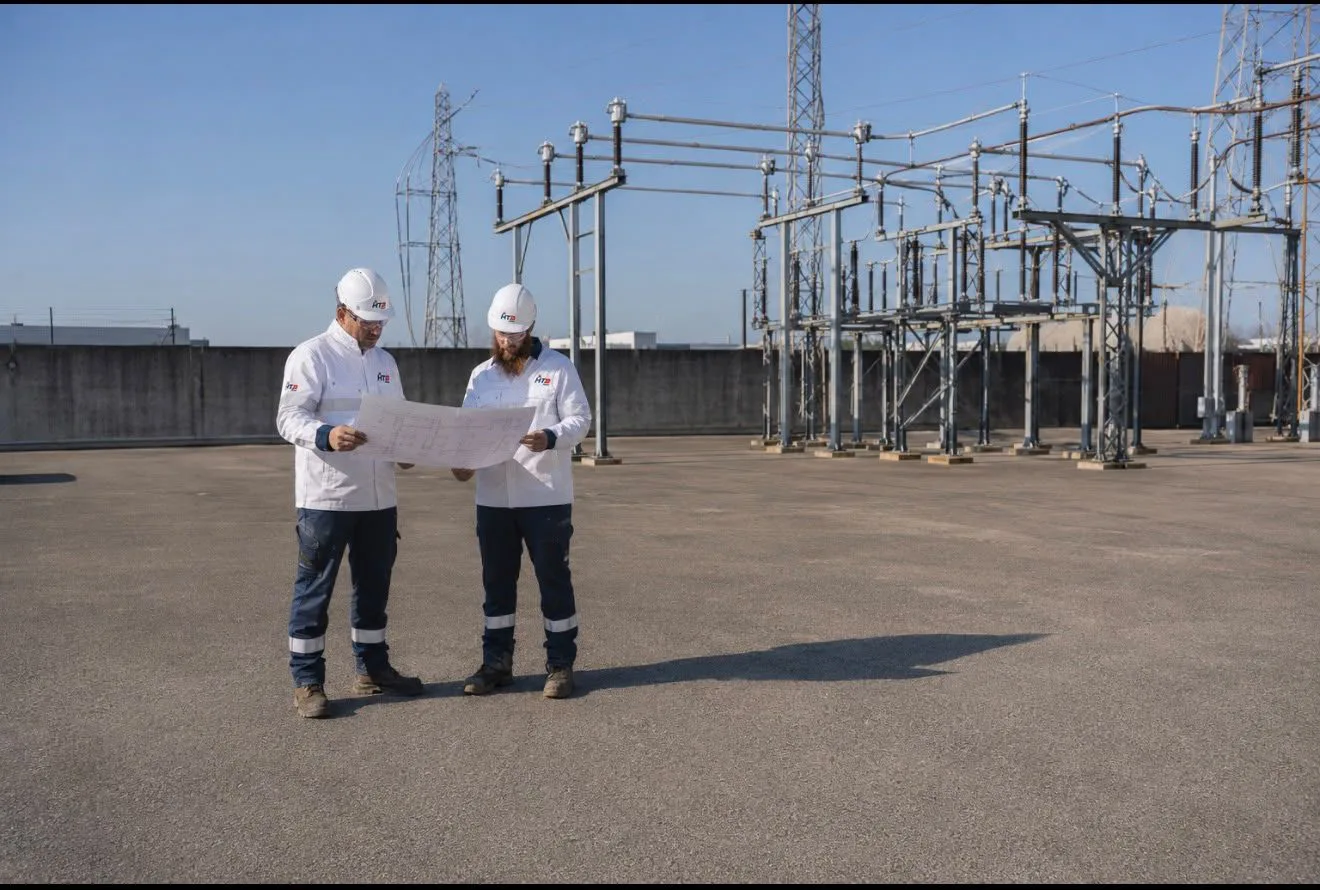 Ingénieurs HTB France consultant les plans d'un poste haute tension