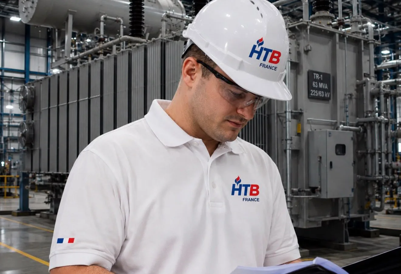 Ingénieur HTB France rédigeant un rapport devant un transformateur 225 kV