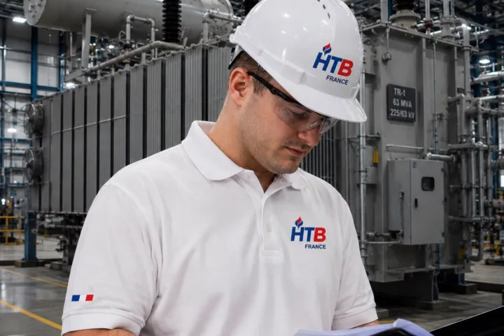 Ingénieur HTB France rédigeant un rapport devant un transformateur 225 kV