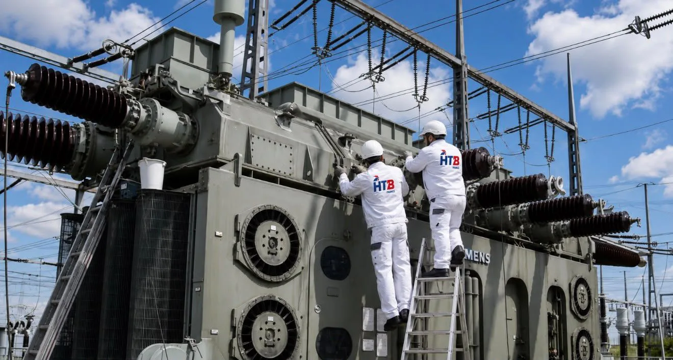 Techniciens HTB France intervenant sur un transformateur en extérieur